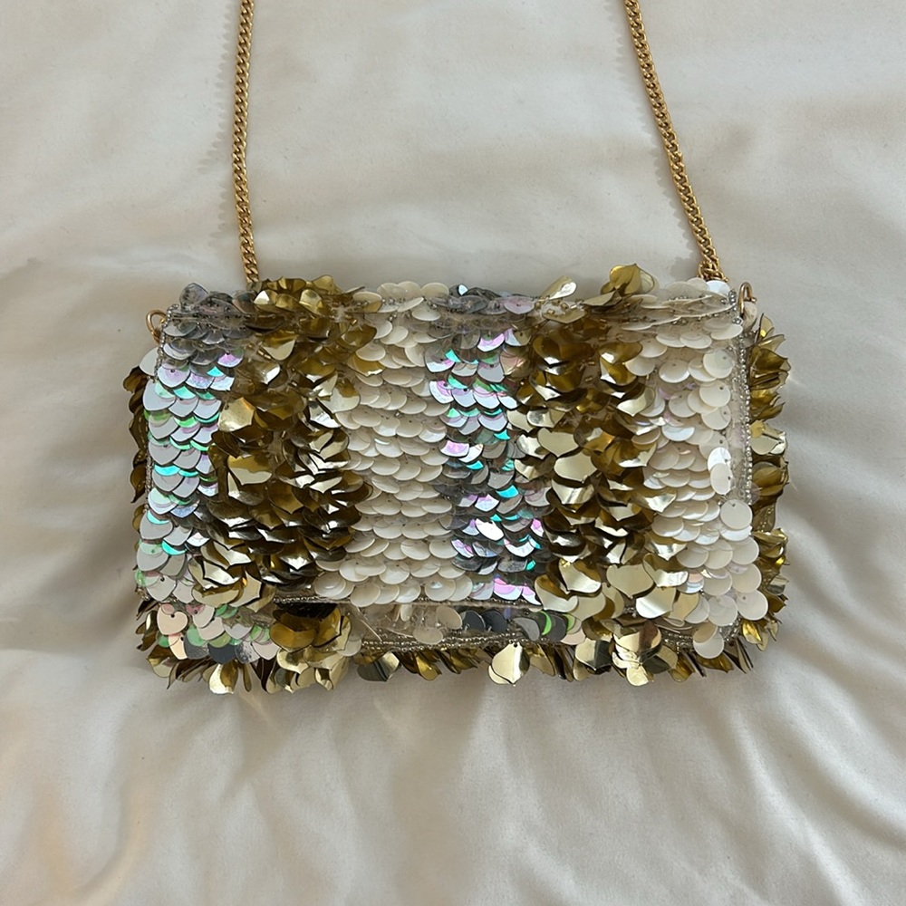 Anthropologie sequin gold silver crossbody bag / clutch